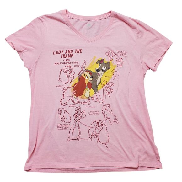 Disney Parks Lady and the Tramp Pink Short Sleeve V-Neck Shirt Women's XL - Picture 1 of 6